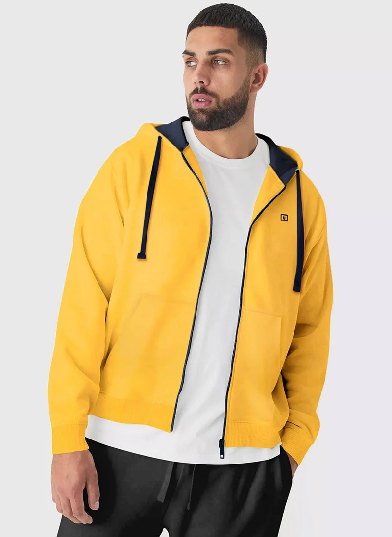 Urbano Plus Men's Yellow Solid Cotton Zippered Hooded Casual Winterwear Sweatshirt